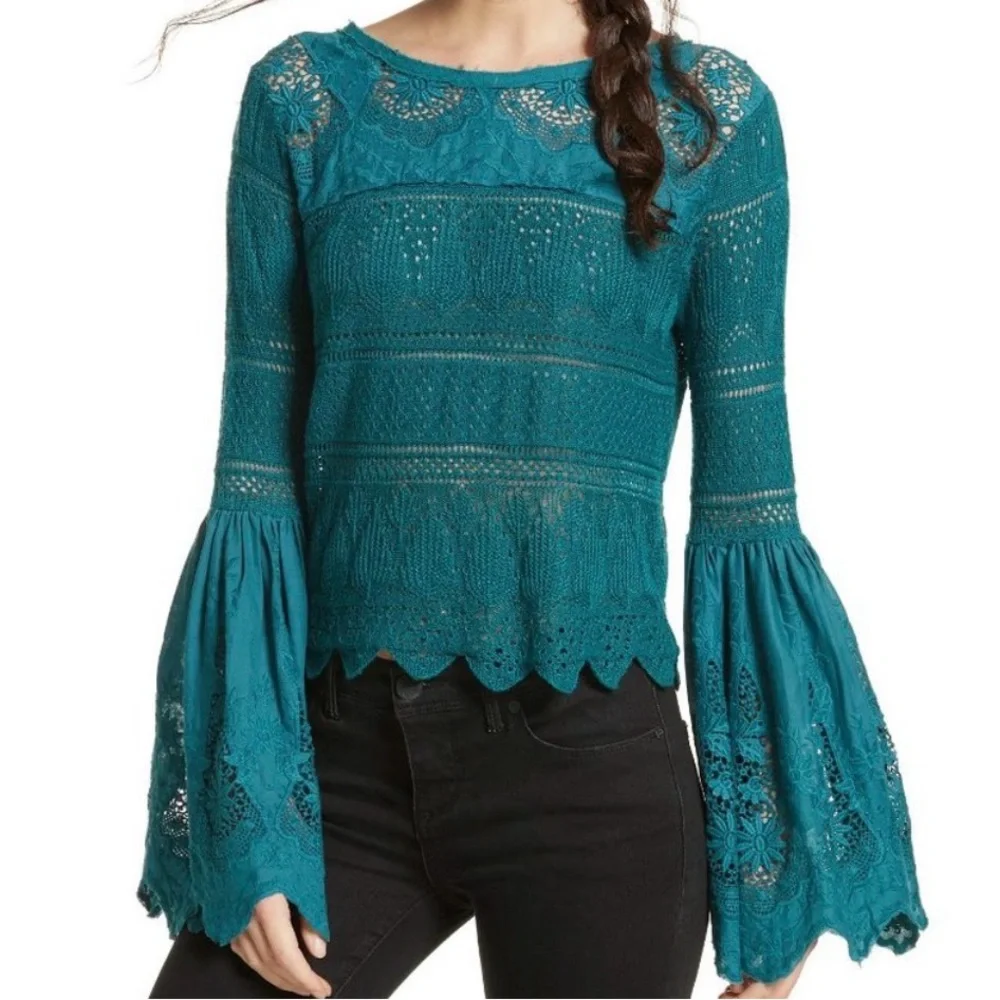 Free People Once Upon. Time Knit Bell Teal Top Size S